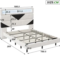 Lit Rembourré 160x200cm avec USB & LED,lit coffre avec tête de lit triangulaire,velours,blanc & noir