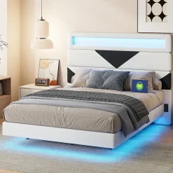 Lit rembourré 160x200cm avec USB et LED, lit coffre avec tête de lit triangulaire, velours, blanc et noir