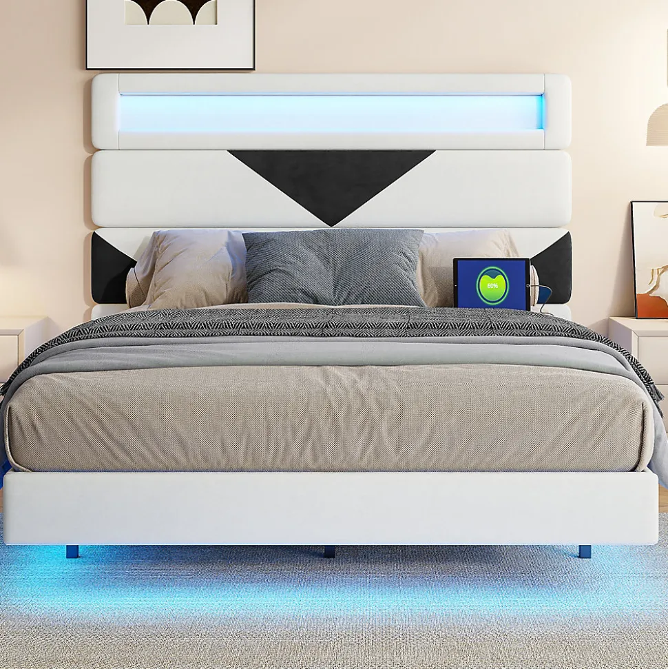 Lit rembourré 160x200cm avec USB et LED, lit coffre avec tête de lit triangulaire, velours, blanc et noir