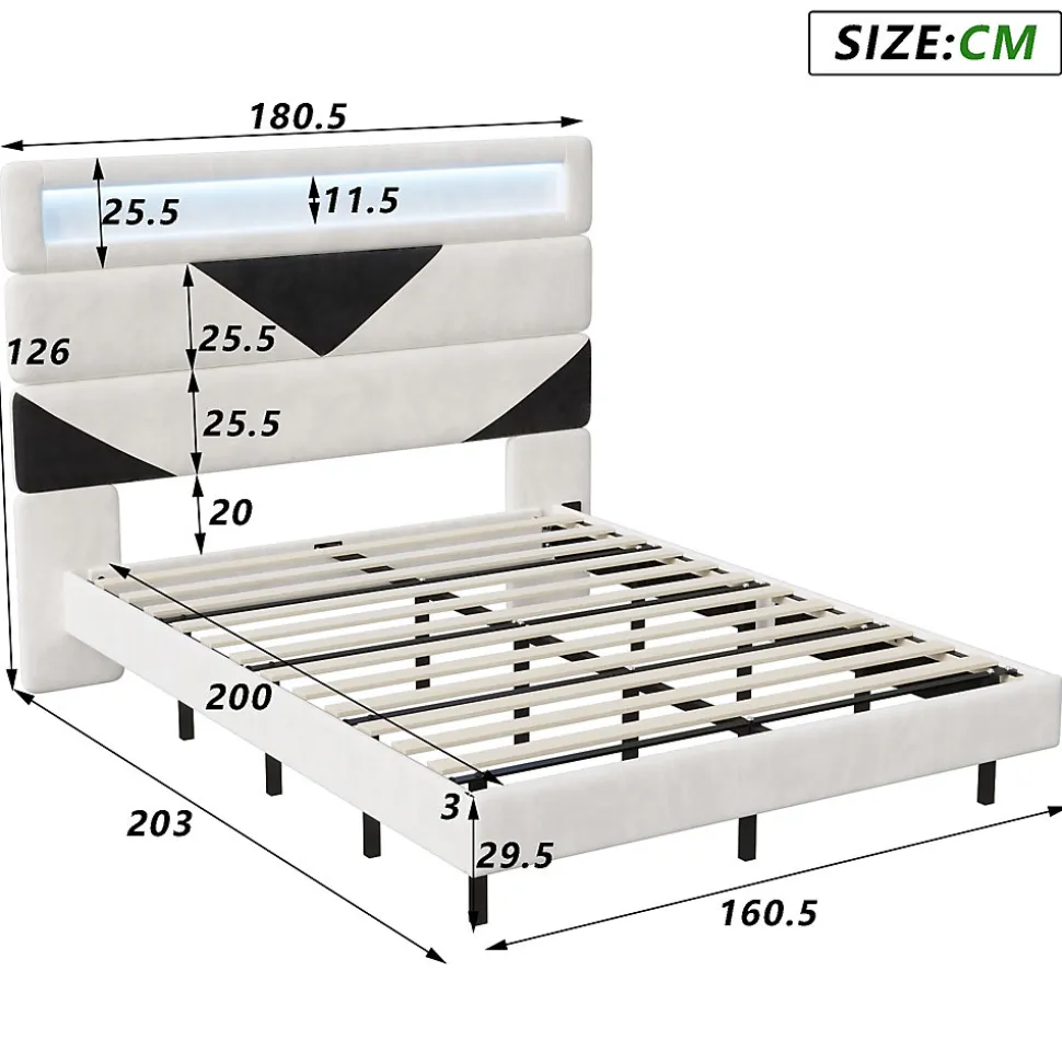 Lit rembourré 160x200cm avec USB et LED, lit coffre avec tête de lit triangulaire, velours, blanc et noir