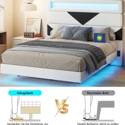 Lit rembourré 160x200cm avec USB et LED, lit coffre avec tête de lit triangulaire, velours, blanc et noir