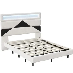 Lit rembourré 160x200cm avec USB et LED, lit coffre avec tête de lit triangulaire, velours, blanc et noir