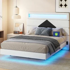 Lit rembourré 140x190cm avec USB, lit double avec LED,lit coffre avec tête de lit en diamant,velours