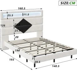 Lit rembourré 140x190cm avec USB, lit double avec LED,lit coffre avec tête de lit en diamant,velours