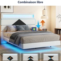 Lit rembourré 140x190cm avec USB, lit double avec LED,lit coffre avec tête de lit en diamant,velours