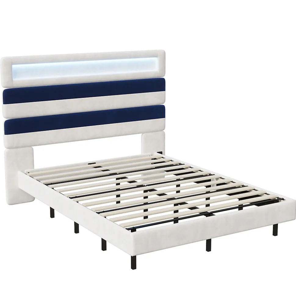 Lit Rembourré 140x190cm avec USB, lit d'adolescent, lit double avec LED, velours, blanc et bleu
