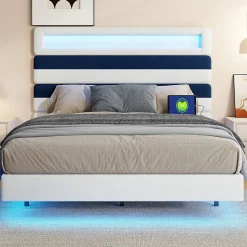 Lit Rembourré 140x190cm avec USB, lit d'adolescent, lit double avec LED, velours, blanc et bleu