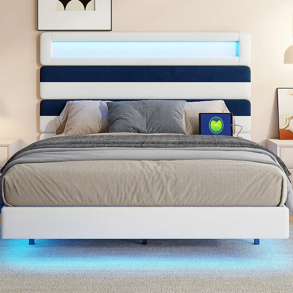 Lit Rembourré 140x190cm avec USB, lit d'adolescent, lit double avec LED, velours, blanc et bleu