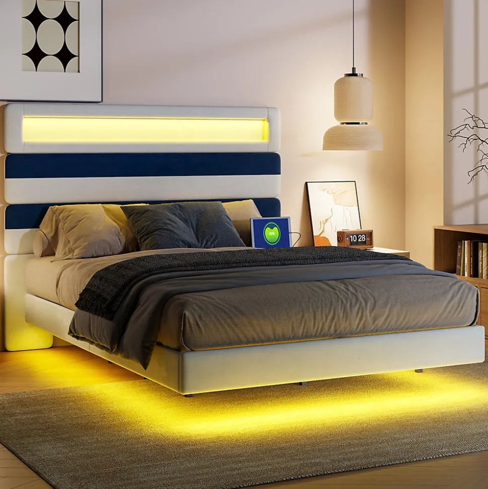 Lit Rembourré 140x190cm avec USB, lit d'adolescent, lit double avec LED, velours, blanc et bleu