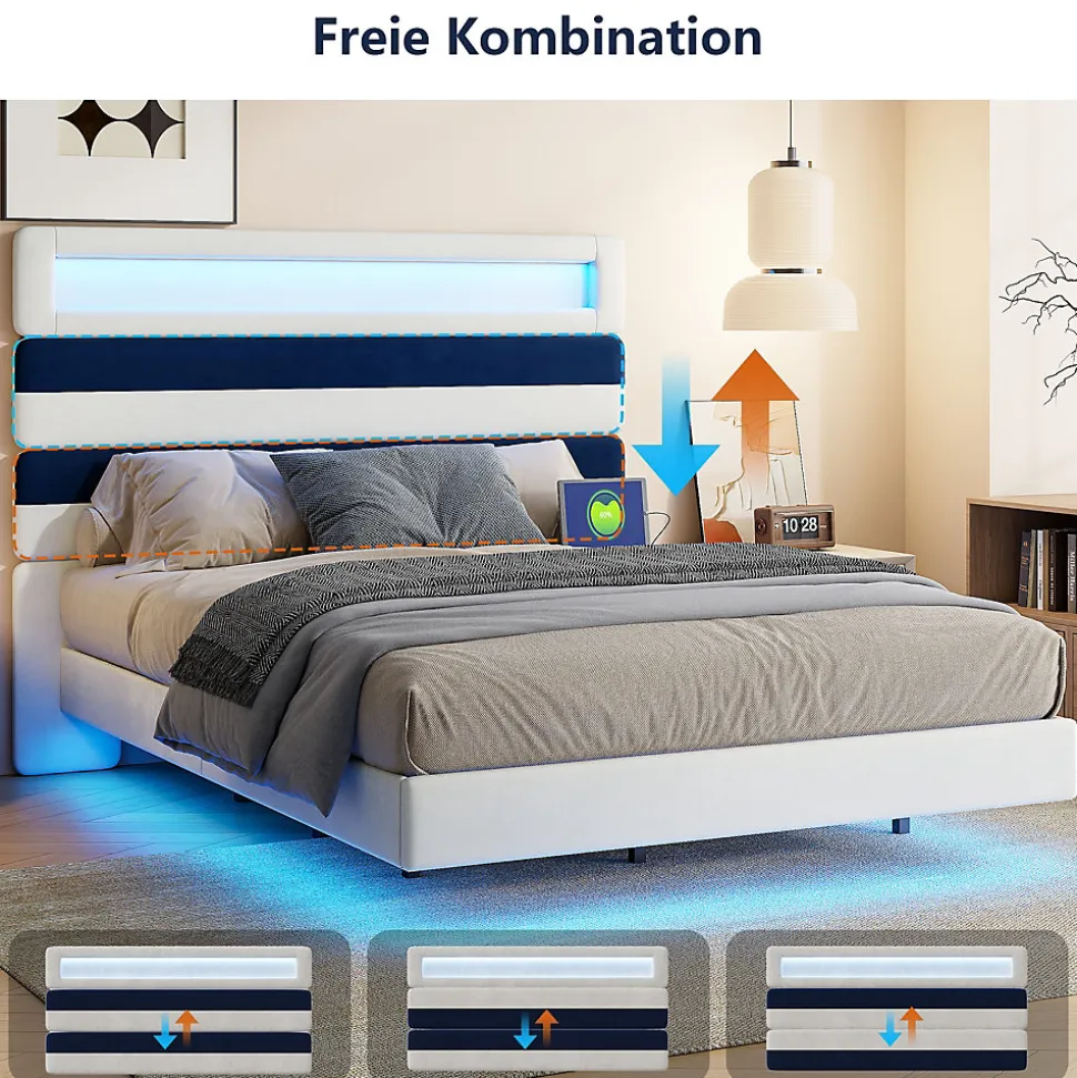 Lit Rembourré 140x190cm avec USB, lit d'adolescent, lit double avec LED, velours, blanc et bleu