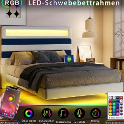 Lit Rembourré 140x190cm avec USB, lit d'adolescent, lit double avec LED, velours, blanc et bleu