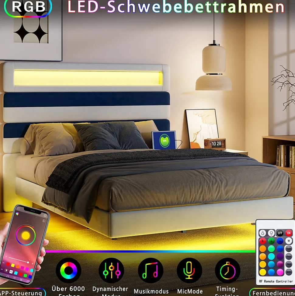 Lit Rembourré 140x190cm avec USB, lit d'adolescent, lit double avec LED, velours, blanc et bleu