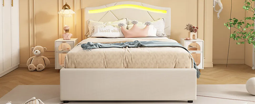 Lit rembourré 90x200cm beige avec télécommande LED, tête réglable et 2 tiroirs, style minimaliste