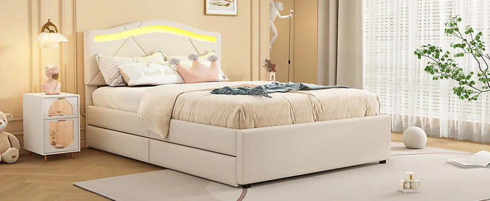 Lit rembourré 90x200cm beige avec télécommande LED, tête réglable et 2 tiroirs, style minimaliste