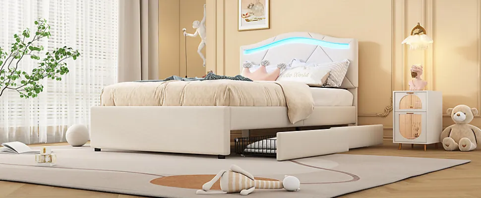 Lit rembourré 90x200cm beige avec télécommande LED, tête réglable et 2 tiroirs, style minimaliste