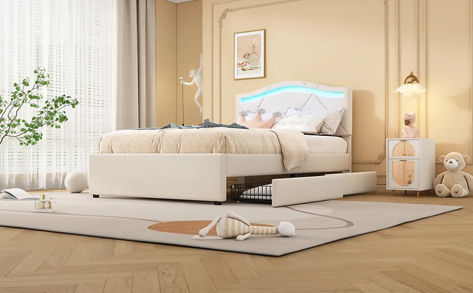 Lit rembourré 90x200cm beige avec télécommande LED, tête réglable et 2 tiroirs, style minimaliste