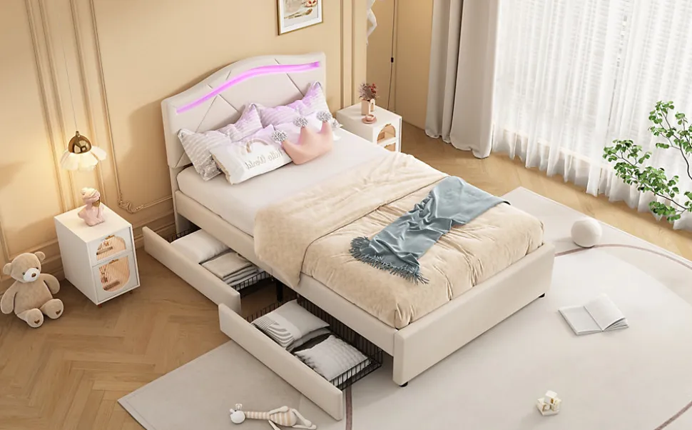 Lit rembourré 90x200cm beige avec télécommande LED, tête réglable et 2 tiroirs, style minimaliste