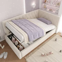 Lit rembourré 90x200cm, canapé-lit, rangement hydraulique, velours beige, sans matelas