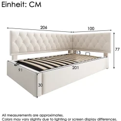 Lit rembourré 90x200cm, canapé-lit, rangement hydraulique, velours beige, sans matelas