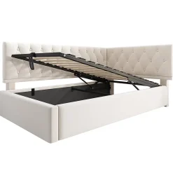 Lit rembourré 90x200cm, canapé-lit, rangement hydraulique, velours beige, sans matelas