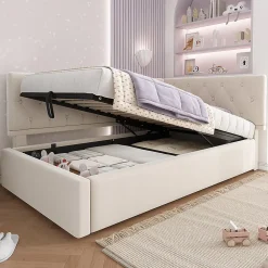 Lit rembourré 90x200cm, canapé-lit, rangement hydraulique, velours beige, sans matelas