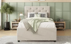 Lit rembourré 90x200cm en velours beige avec sommier, tiroir de rangement, design minimaliste