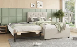 Lit rembourré 90x200cm en velours beige avec sommier, tiroir de rangement, design minimaliste