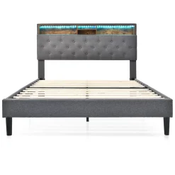 Lit rembourré 140x200cm espace de rangement tête de lit eclairage led lit cadre à lattes en bois lit double lin gris