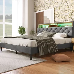 Lit rembourré 140x200cm espace de rangement tête de lit eclairage led lit cadre à lattes en bois lit double lin gris