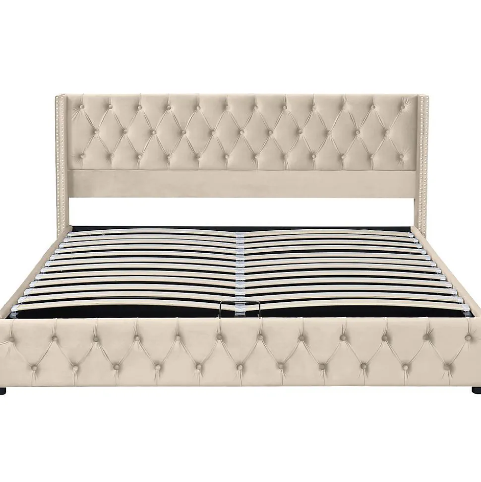 Lit Rembourré 160X200Cm Hydraulique Beige Blackcolors