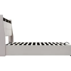 Lit rembourré 140x200cm, led lit double avec sommier à lattes métalliques, lit jeune, lin, beige (sans matelas)