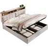 Lit rembourré 140x200cm, lit avec rangement, lit double avec fonction de recharge USB-C, tête de lit et sommier à lattes,lin,beige