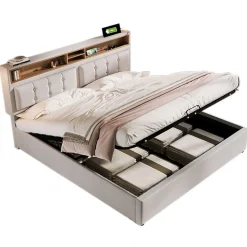 Lit rembourré 140x200cm, lit avec rangement, lit double avec fonction de recharge USB-C, tête de lit et sommier à lattes,lin,beige