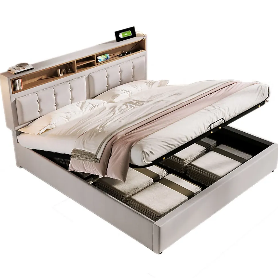 Lit rembourré 140x200cm, lit avec rangement, lit double avec fonction de recharge USB-C, tête de lit et sommier à lattes,lin,beige