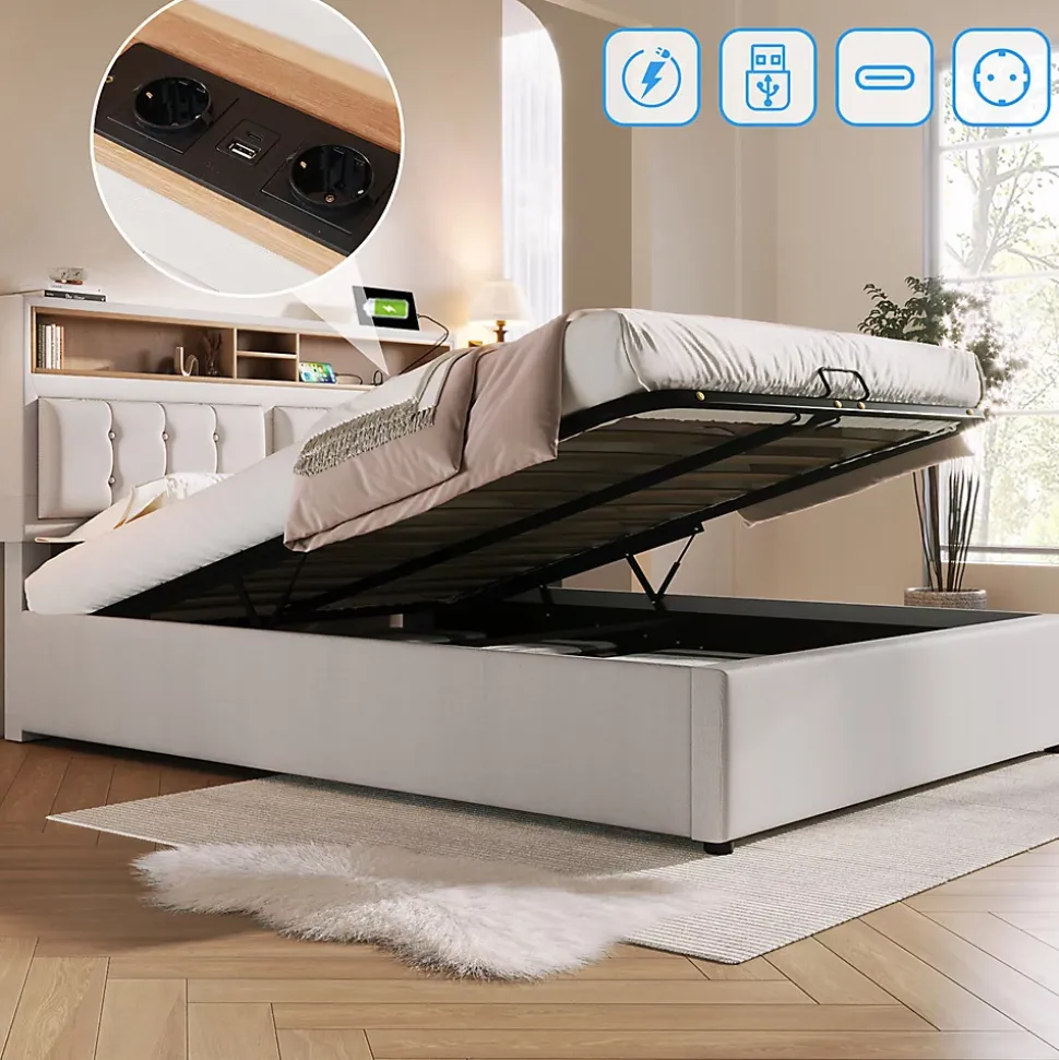 Lit rembourré 140x200cm, lit avec rangement, lit double avec fonction de recharge USB-C, tête de lit et sommier à lattes,lin,beige