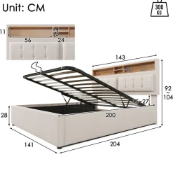 Lit rembourré 140x200cm, lit avec rangement, lit double avec fonction de recharge USB-C, tête de lit et sommier à lattes,lin,beige