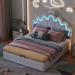 Lit rembourré 140x200cm lit de princesse éclairage d'ambiance réglable lit double pu blanc