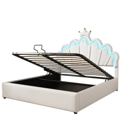 Lit rembourré 140x200cm lit de princesse éclairage d'ambiance réglable lit double pu blanc