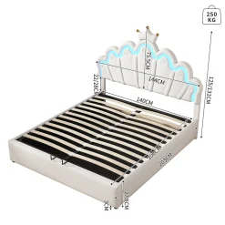 Lit rembourré 140x200cm lit de princesse éclairage d'ambiance réglable lit double pu blanc