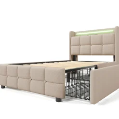 Lit rembourré 90x200cm lit de rangement lit 2 tiroirs lit éclairage led lit sommier à lattes en bois Single lin beige