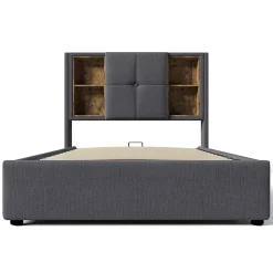 Lit rembourré 90x200cm lit de rangement lit sommier à lattes en bois avec chargement sans fil usb c Single coton gris