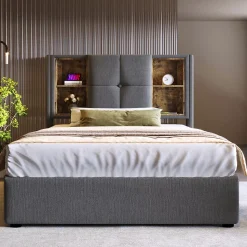 Lit rembourré 90x200cm lit de rangement lit sommier à lattes en bois avec chargement sans fil usb c Single coton gris