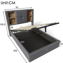 Lit rembourré 90x200cm lit de rangement lit sommier à lattes en bois avec chargement sans fil usb c Single coton gris