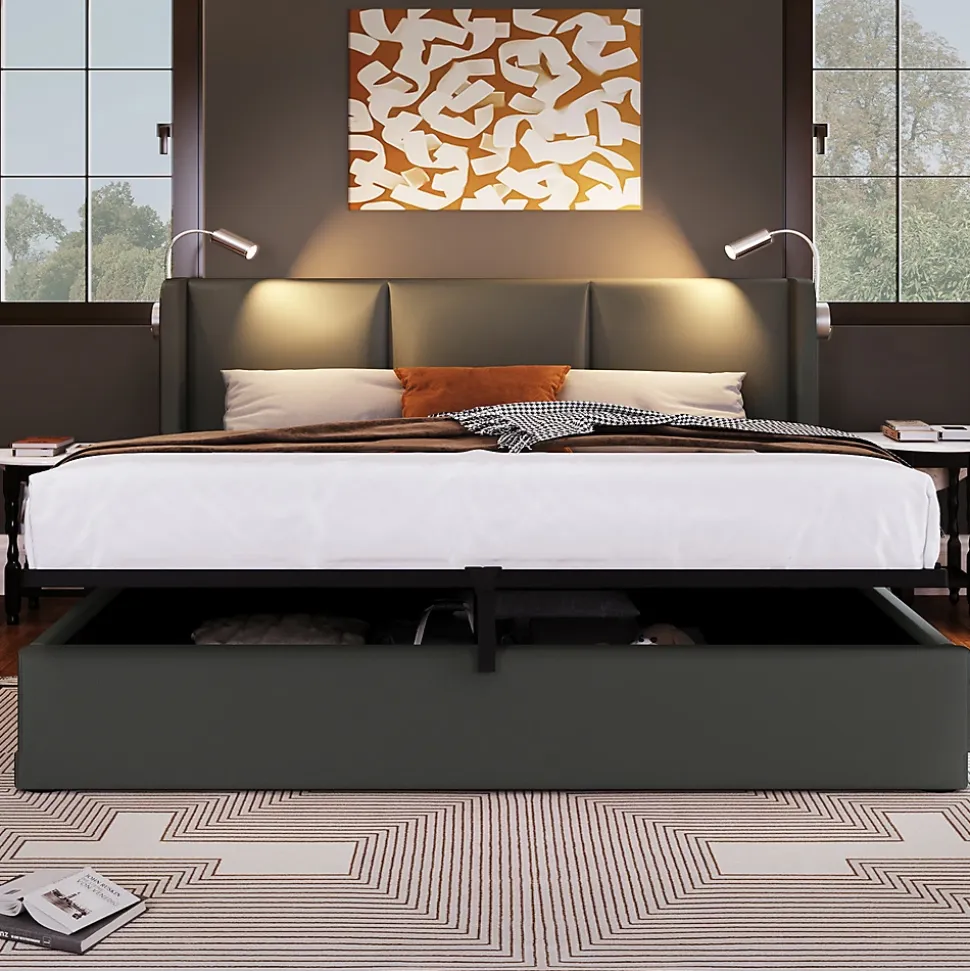 lit rembourré 160x200cm lit de rangement lit lampe de lecture lit tête de lit avec fonction de chargement usb lit double pu gris