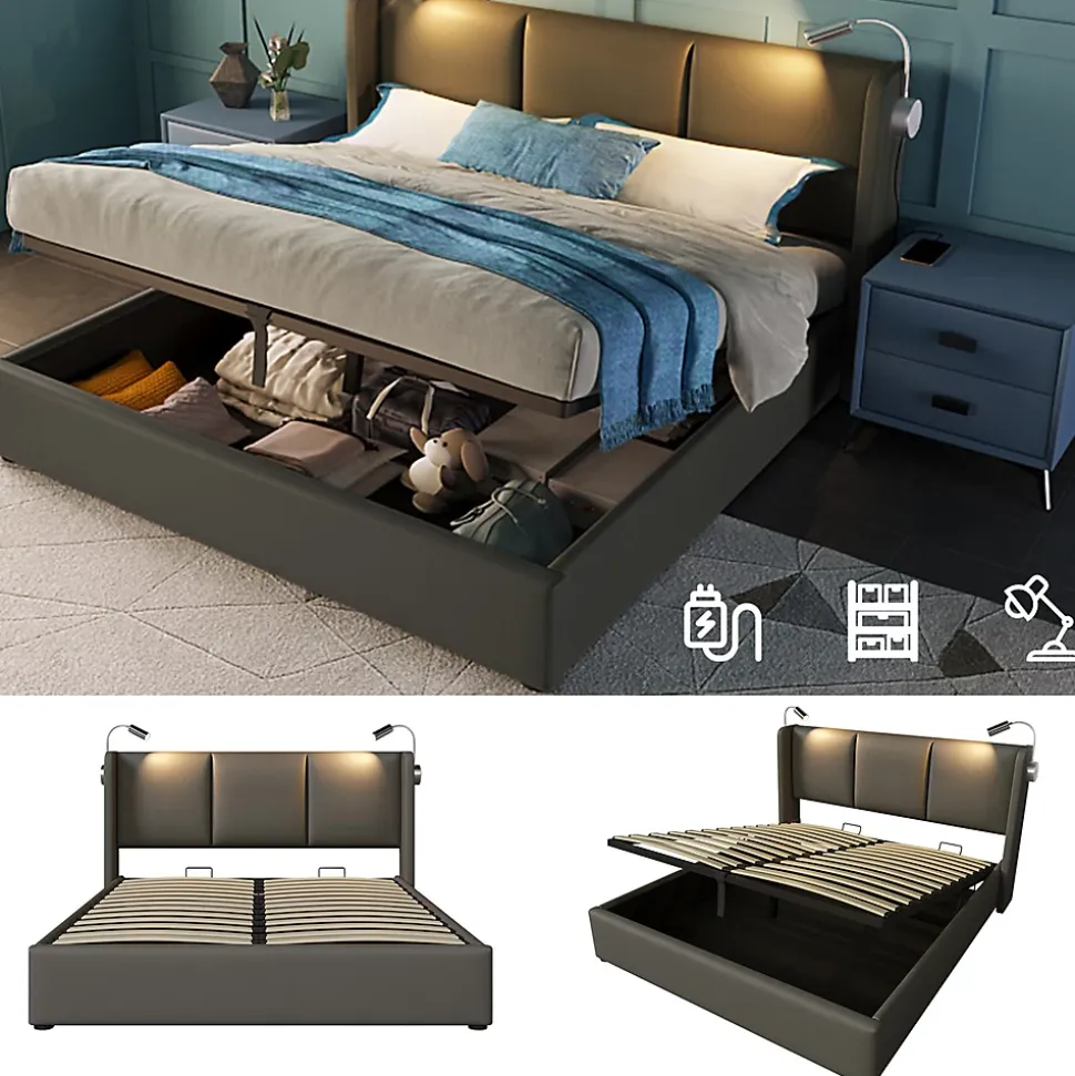 lit rembourré 160x200cm lit de rangement lit lampe de lecture lit tête de lit avec fonction de chargement usb lit double pu gris