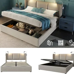 Lit rembourré 160x200cm lit de rangement lit lampe de lecture lit tête de lit avec fonction de chargement usb lit double lin beige