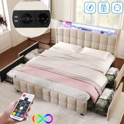 Lit rembourré 140x200cm lit de rangement lit 4 tiroirs lit éclairage led lit sommier à lattes en bois lit double lin beige