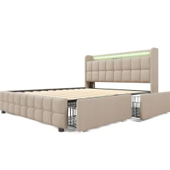 Lit rembourré 140x200cm lit de rangement lit 4 tiroirs lit éclairage led lit sommier à lattes en bois lit double lin beige
