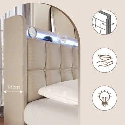Lit rembourré 140x200cm lit de rangement lit 4 tiroirs lit éclairage led lit sommier à lattes en bois lit double lin beige