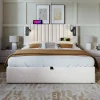 Lit rembourré 160x200cm, lit de rangement avec sommier à lattes, lumière de lecture et fonction de chargement usb, coton, beige